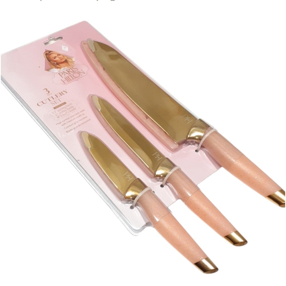 🎀Paris Hilton 3 piece Barbie core Pink & Gold Knife set New